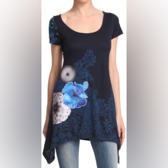 Desigual Tops - Desigual Navy Blue Floral Bohemian Tunic Size Large